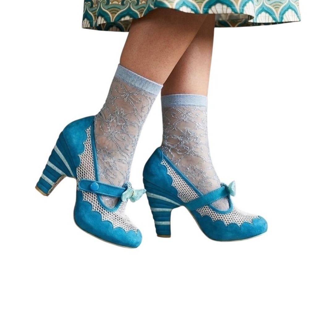Irregular Choice Blue Suede Mesh Mary Jane Bow Heels Striped Chunky Pinup 9.5
